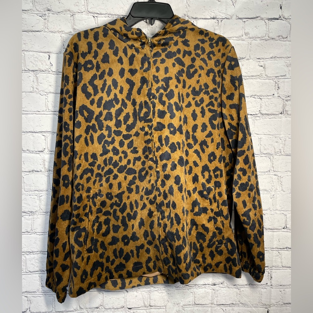 Entro Women's Size Small Zip Up Leopard PrintCorduroy Jacket Hooded Long Sleeve